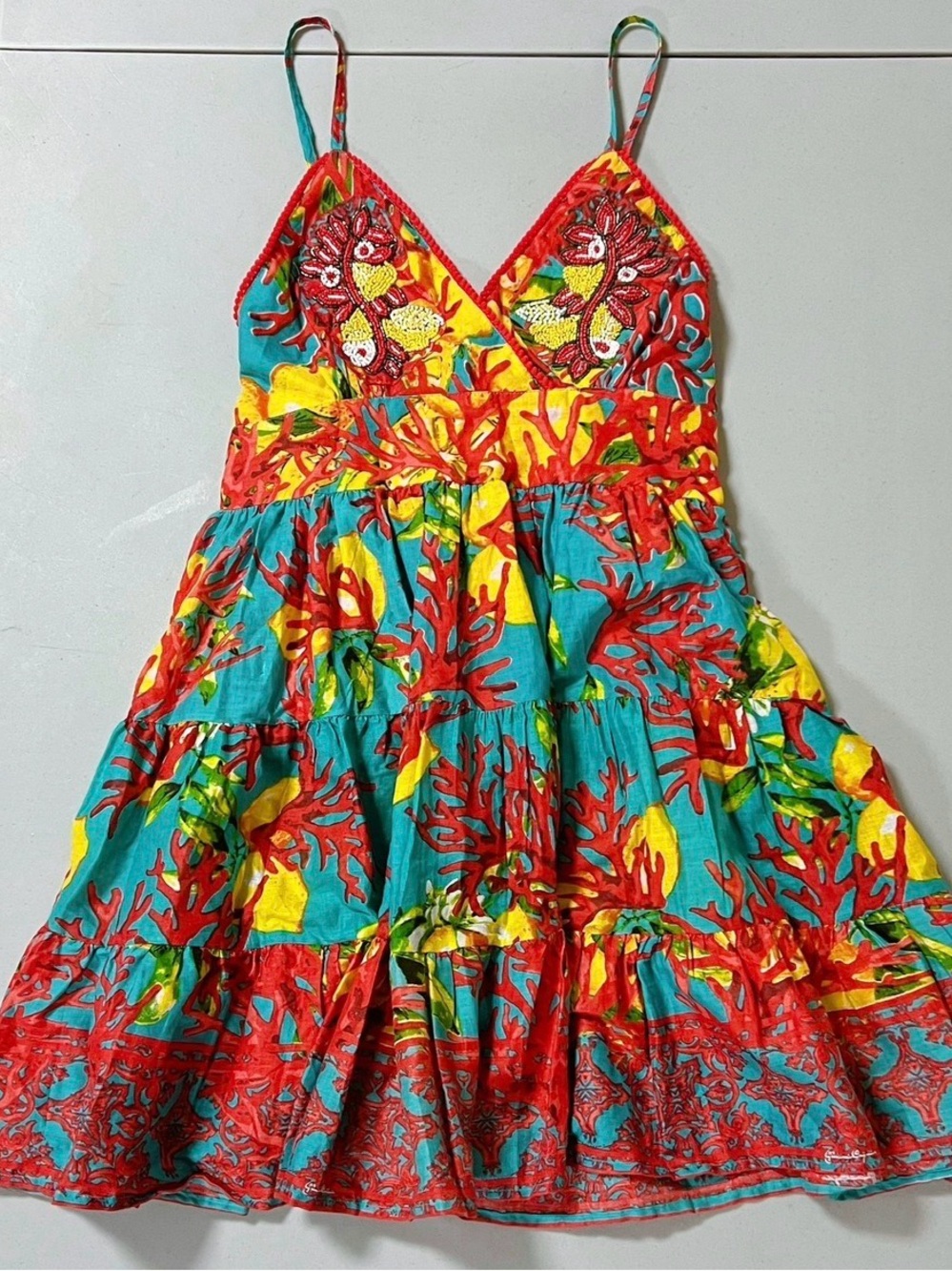 Antica Sartoria by Giacomo Cinque Red Teal Beaded Floral Lemon Print Dress 🍋✨